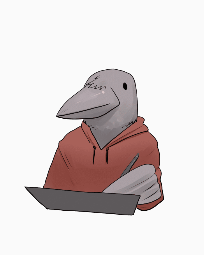 A self portrait of a crow person sitting at the desk with their drawing tablet while blinking.