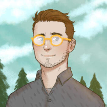 A self portrait of a brown-haired person with yellow framed glasses standing before some pine trees and smiling.